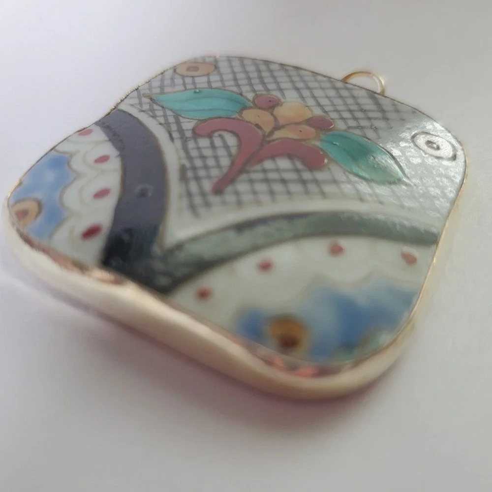 Vintage Hand Painted Talavera‎ Tile Pottery Shard Pendant Floral Square Jewelry